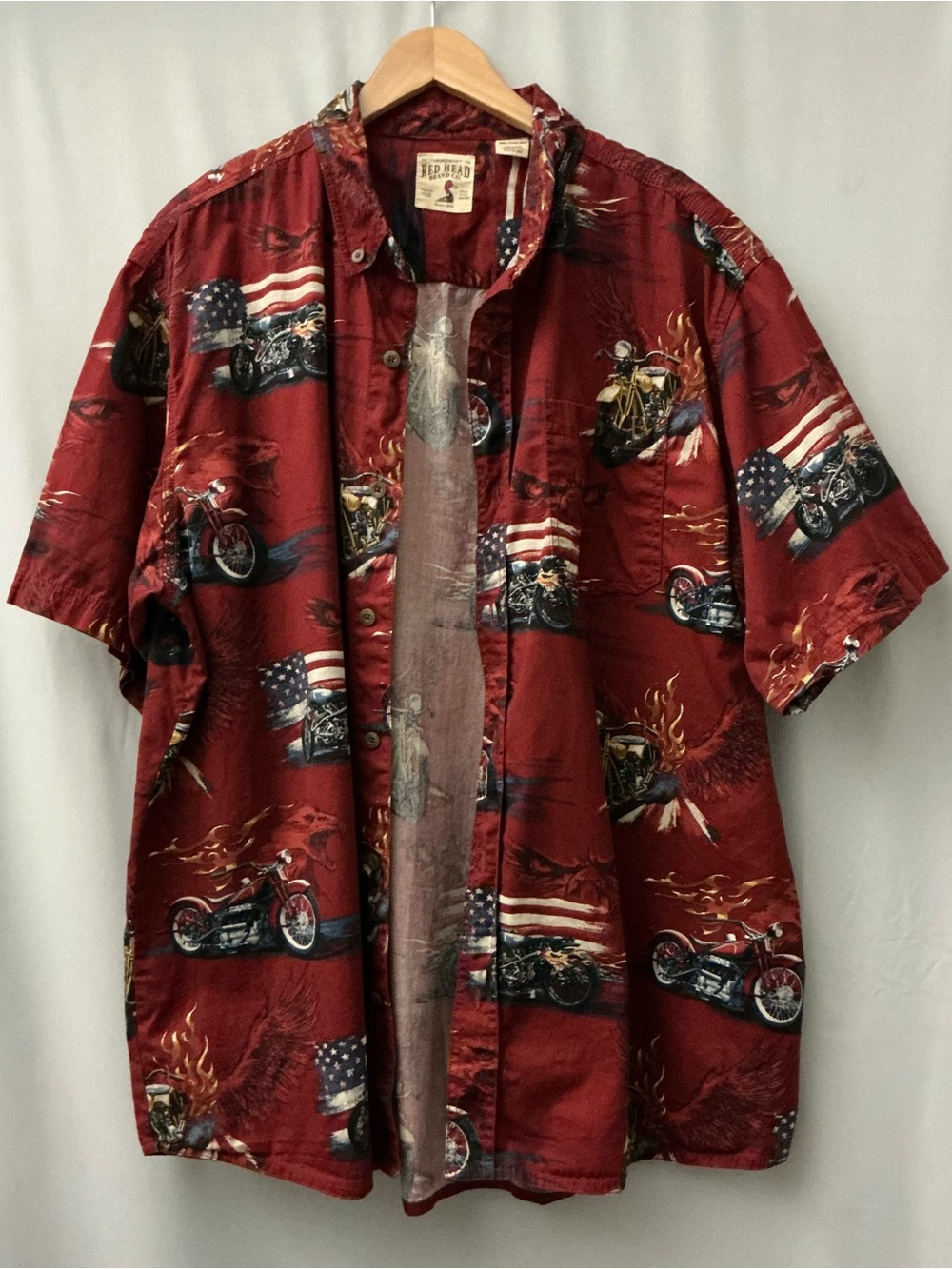 RedHead Motorcycle Hawaiian Camp Shirt Mens 2XL Eagle Flames Patriotic Biker